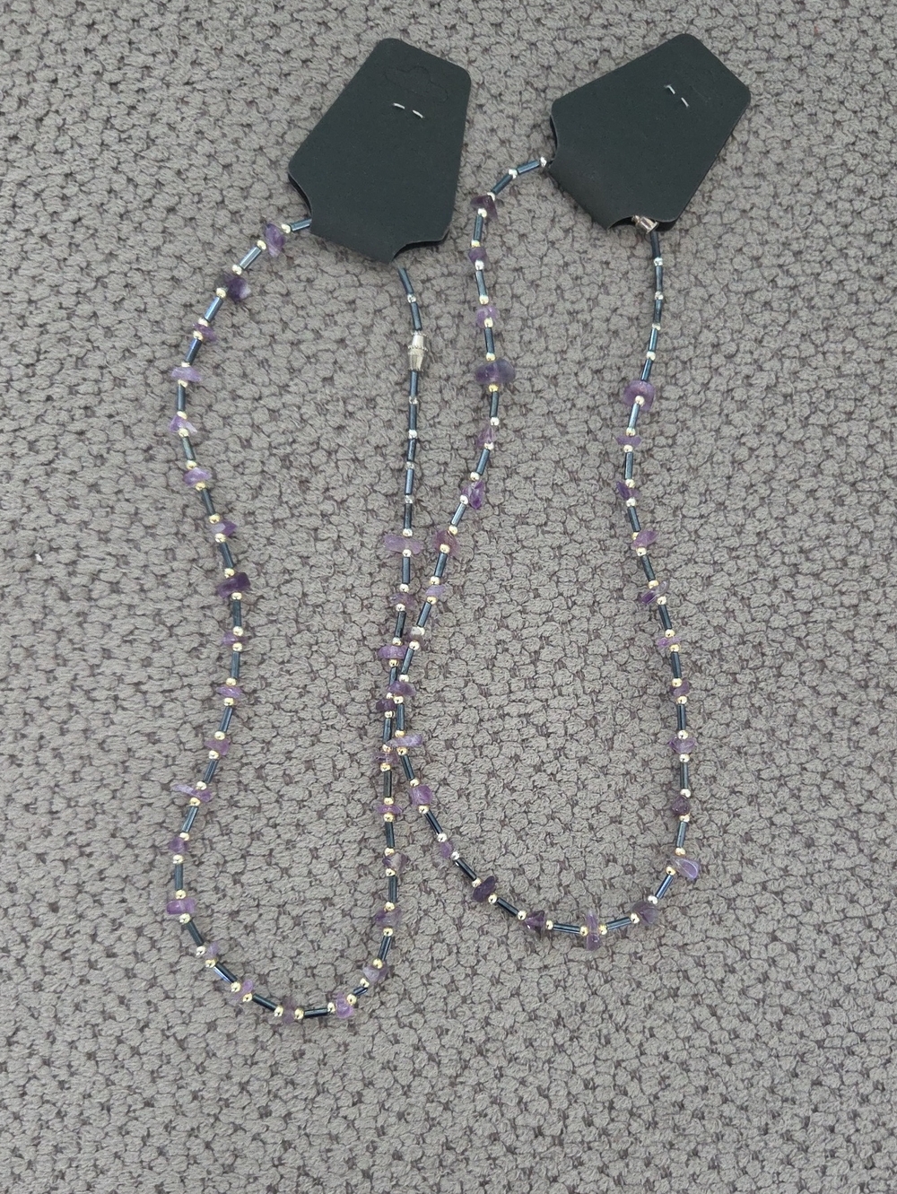 Handmade Amethyst Gemstone Chip & Metallic Bugle Bead Boho Strand Necklaces 2pcs